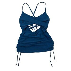 Women's Blue Ruched Tankini with Crisscross Straps and Side Ties, Size M.